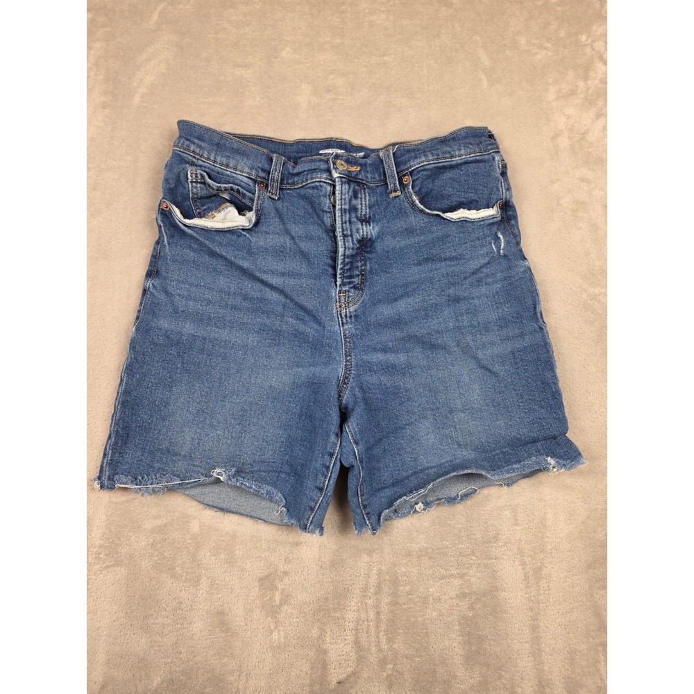 Old Navy Sky-Hi Short Women 14 Blue Denim Extra High Rise Raw Hem Button Fly